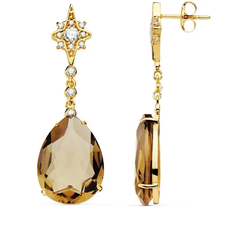 Pendientes oro 18k mujer 41cm estrella circonita cadena piedra pera color marrón 13mm cierre presión
