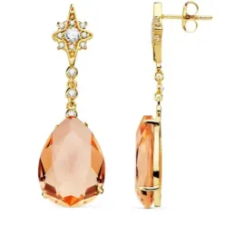 Pendientes oro 18k mujer 41cm estrella circonita cadena piedra pera color salmón 13mm cierre presión
