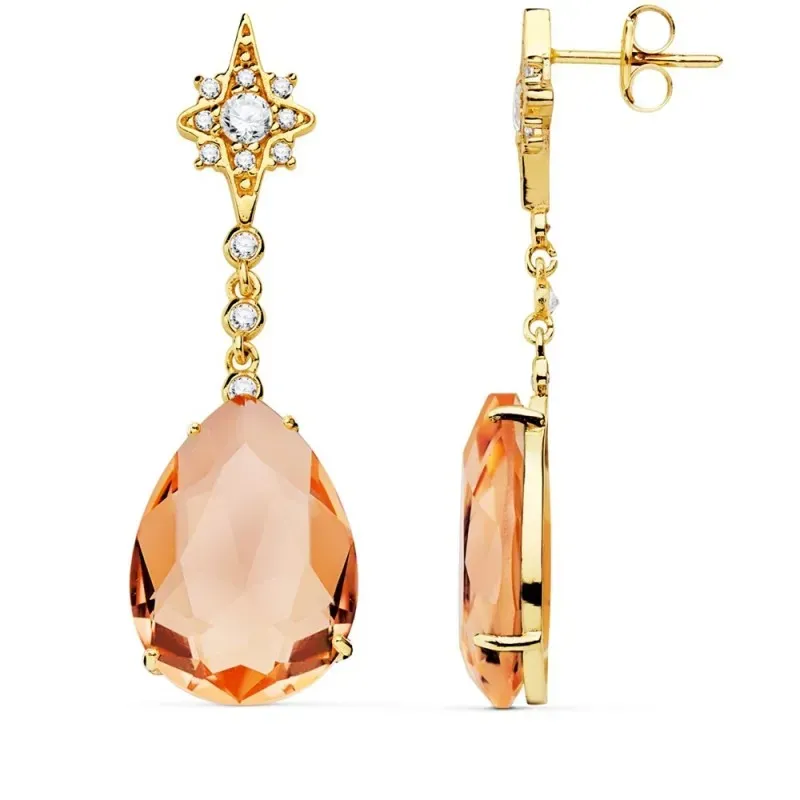Pendientes oro 18k mujer 41cm estrella circonita cadena piedra pera color salmón 13mm cierre presión