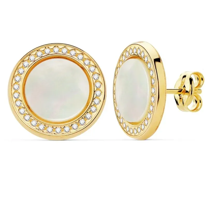 Pendientes oro 18k mujer 12.5mm. redondos centro nácar alrededor circonitas cierre presión