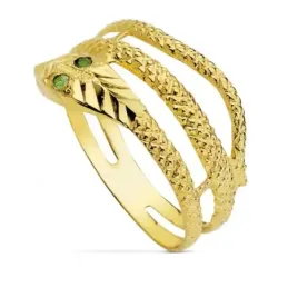 Sortija oro 18k mujer motivo serpiente tallada dos vueltas ojos piedra verde esmeralda