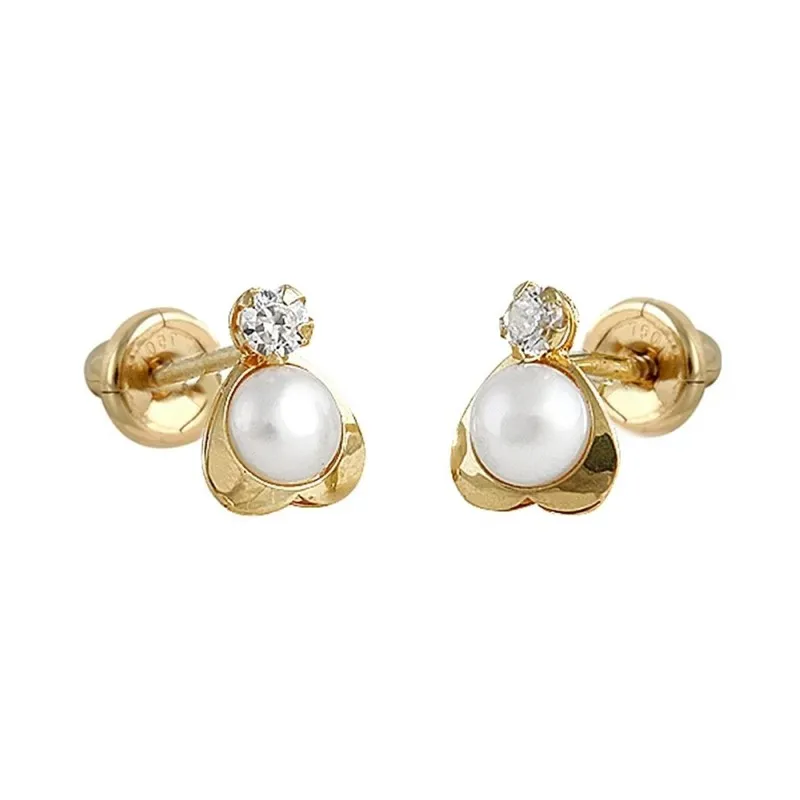 Pendientes Oro Amarillo 18k modelo Tornillería (2 perlas cultivadas 3mm.) (2 circonitas 2mm.)