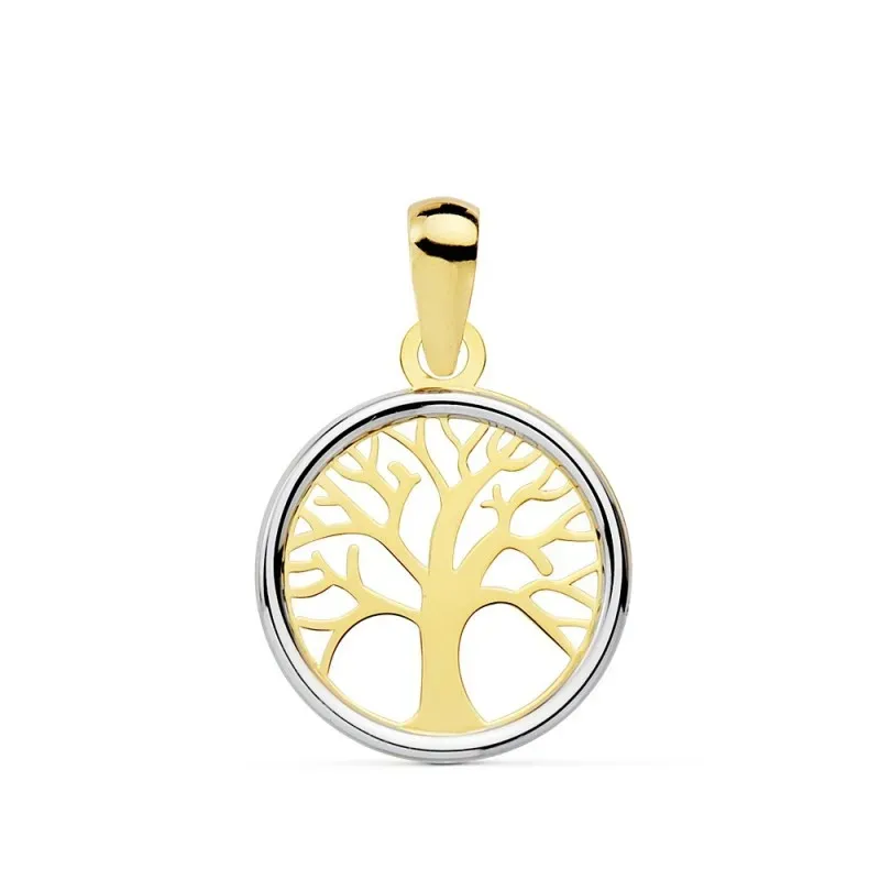 Colgante oro 18k bicolor Árbol Vida 12mm. redondo calado liso mujer
