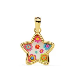 Colgante oro 18k estrella 13mm. nácar flores colores mujer