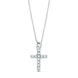 Colgante oro blanco 18k cruz 8.5mm. diamantes brillantes 0.05ct. cadena veneciana 45cm. mujer