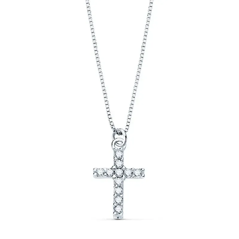Colgante oro blanco 18k cruz 8.5mm. diamantes brillantes 0.05ct. cadena veneciana 45cm. mujer