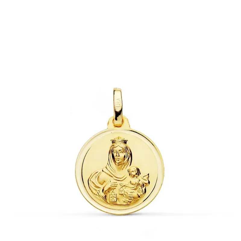 Medalla oro 18k colgante 16mm. Virgen del Carmen bisel unisex
