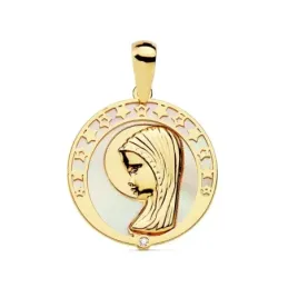 Medalla oro 18k colgante 17mm. Virgen Niña nácar circonita estrellas