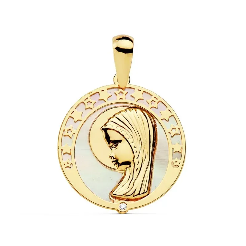 Medalla oro 18k colgante 17mm. Virgen Niña nácar circonita estrellas