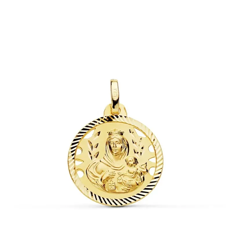 Medalla oro 18k colgante 18mm. Virgen del Carmen cerco tallado unisex