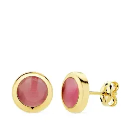 Pendientes oro 18k chatón 8.5mm. piedra rosa cierre presión mujer