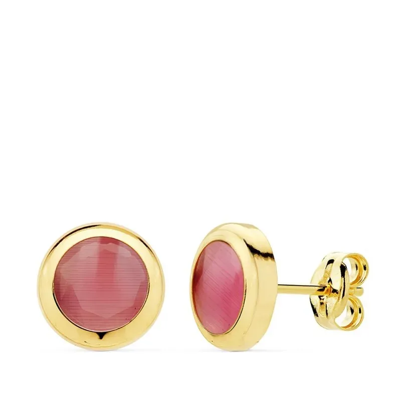 Pendientes oro 18k chatón 8.5mm. piedra rosa cierre presión mujer