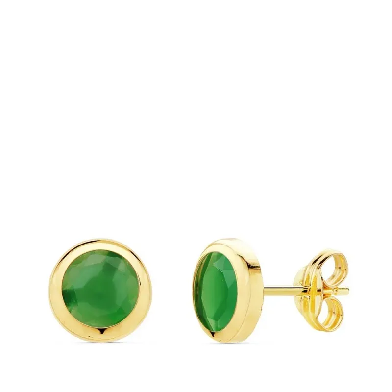 Pendientes oro 18k chatón 6.5mm. piedra verde cierre presión mujer