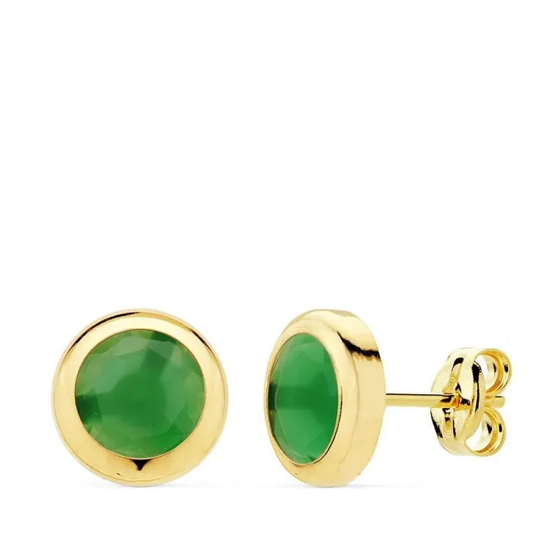 Pendientes oro 18k chatón 8.5mm. piedra verde cierre presión mujer