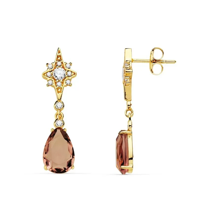 Pendientes oro 18k largos 29mm. estrellas circonitas lágrima alejandrita cierre presión mujer