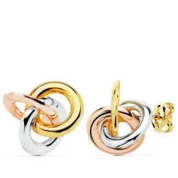 Pendientes oro 18k tricolor nudos 14mm. brillo cierre presión mujer