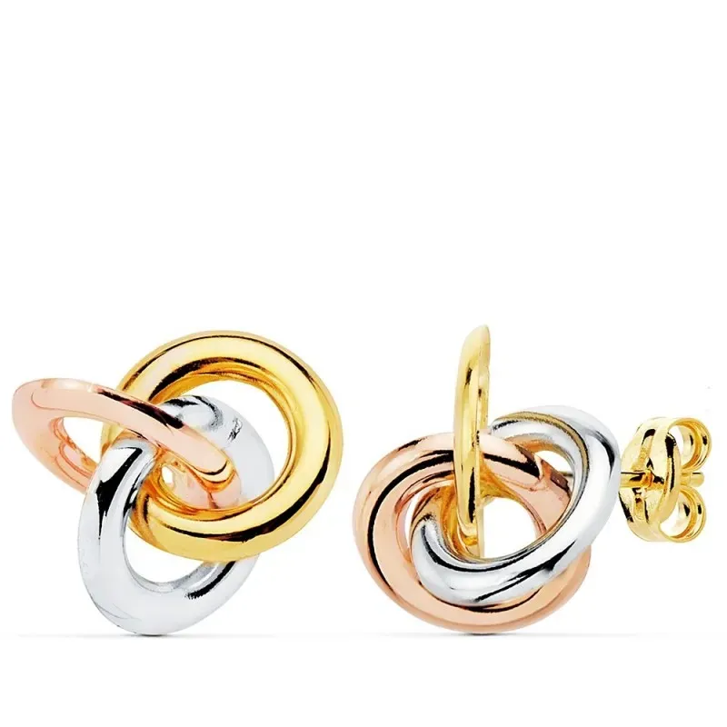 Pendientes oro 18k tricolor nudos 14mm. brillo cierre presión mujer