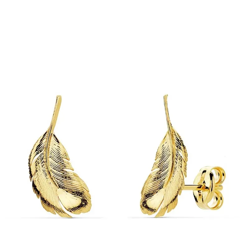 Pendientes oro 18k plumas 16mm. lisas cierre presión mujer