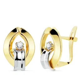 Pendientes oro 18 bicolor 14mm. bandas lisas oval circonitas cierre catalán niña