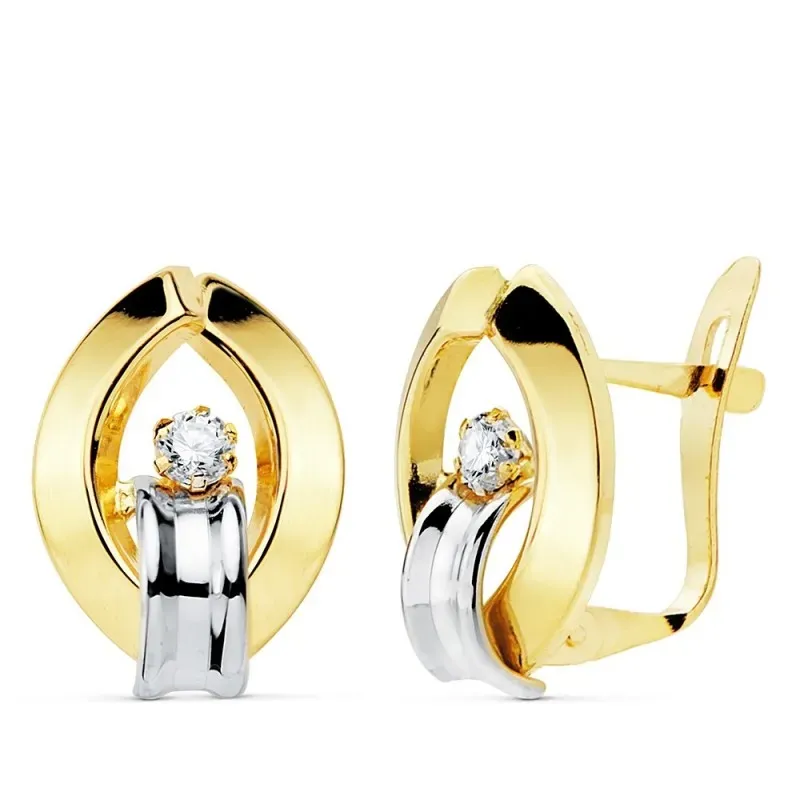 Pendientes oro 18 bicolor 14mm. bandas lisas oval circonitas cierre catalán niña