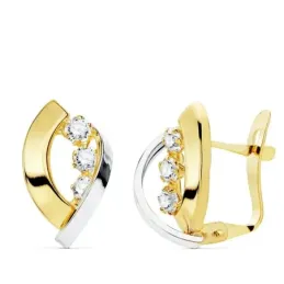 Pendientes oro 18 bicolor 14mm. bandas lisas circonitas cierre catalán niña