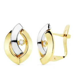 Pendientes oro 18 bicolor 15mm. bandas lisas oval circonitas cierre catalán niña
