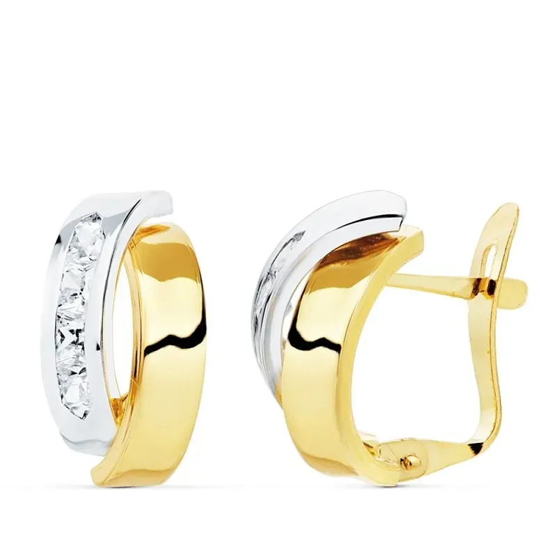 Pendientes oro 18 bicolor 15mm. bandas lisas oval circonitas cierre catalán niña
