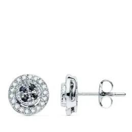 Pendientes oro blanco 18k redondos 8mm. circonitas zafiros cierre presión mujer