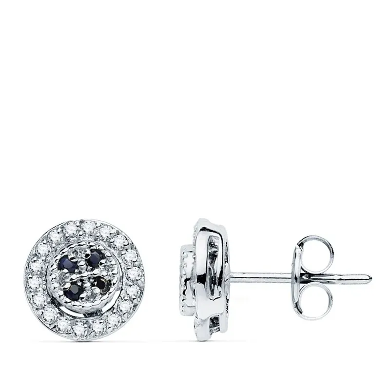 Pendientes oro blanco 18k redondos 8mm. circonitas zafiros cierre presión mujer