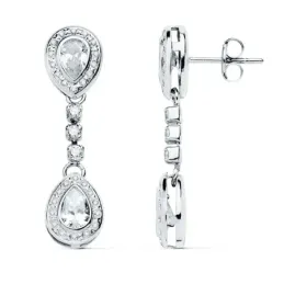 Pendientes oro blanco 18k largos 30mm. circonitas novia cierre presión mujer