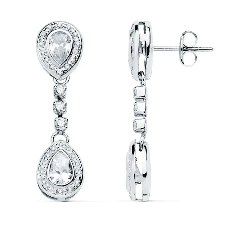 Pendientes oro blanco 18k largos 30mm. circonitas novia cierre presión mujer