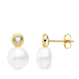 Pendientes oro 18k 13mm. perla cultivada botón 8mm. chatón circonita cierre presión niña