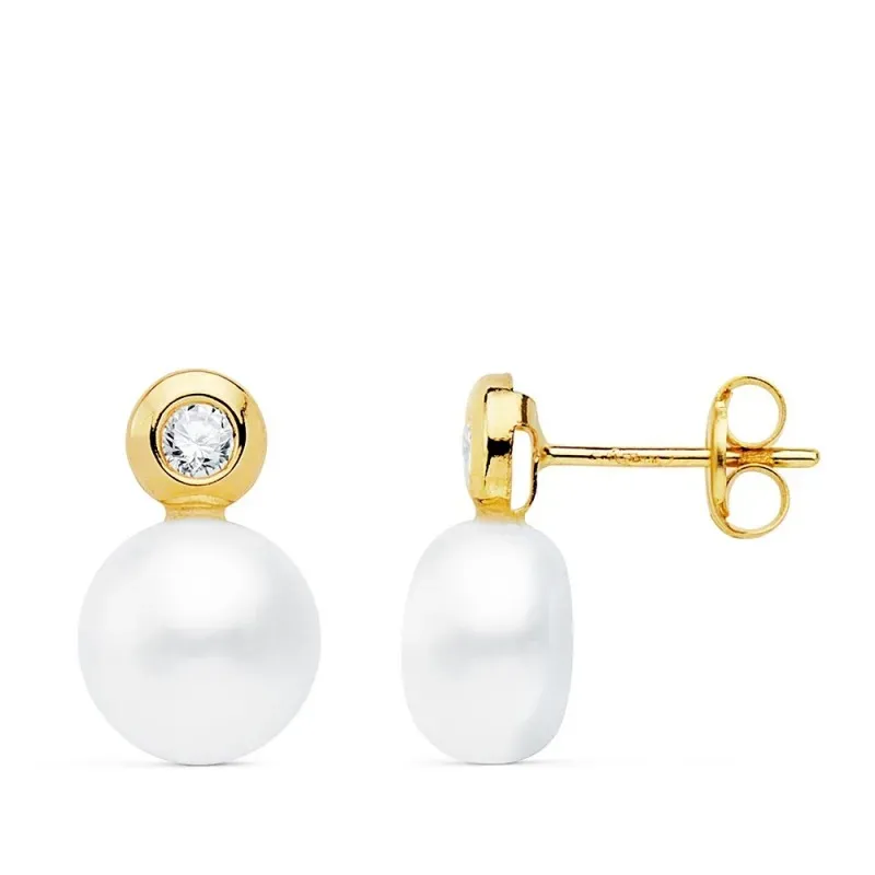 Pendientes oro 18k 13mm. perla cultivada botón 8mm. chatón circonita cierre presión niña
