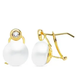 Pendientes oro 18k 15mm. perla cultivada botón 10mm. chatón circonita cierre omega mujer