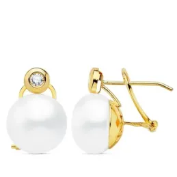 Pendientes oro 18k 16mm. perla cultivada botón 11mm. chatón circonita cierre omega mujer