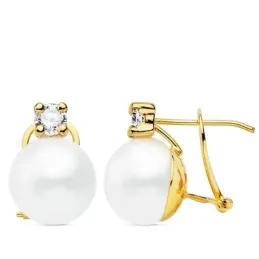 Pendientes oro 18k 15mm. perla cultivada botón 11mm. chatón circonita cierre omega mujer