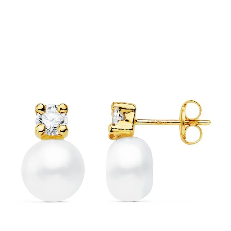 Pendientes oro 18k 12mm. perla cultivada botón 8mm. chatón flor circonita cierre presión niña