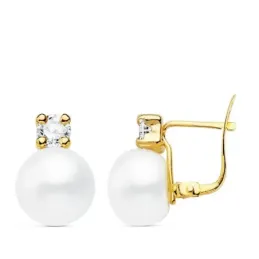 Pendientes oro 18k 13mm. perla cultivada botón 9mm. chatón circonita cierre catalán niña