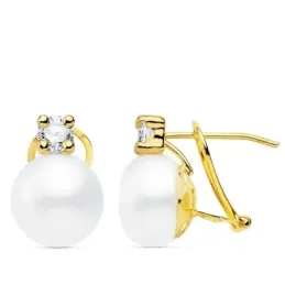 Pendientes oro 18k 14mm. perla cultivada botón 10mm. chatón circonita cierre omega mujer