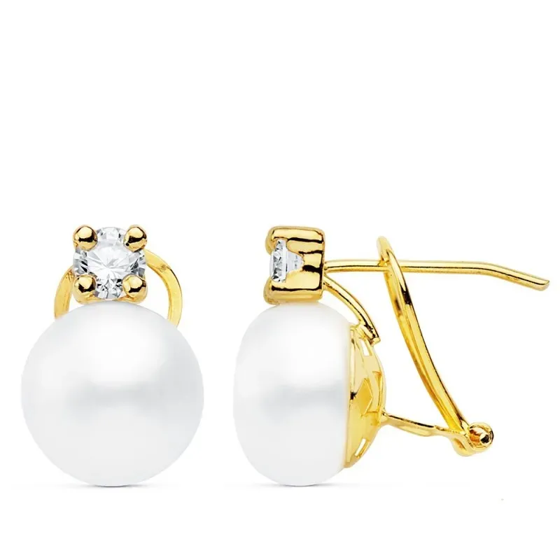 Pendientes oro 18k 14mm. perla cultivada botón 10mm. chatón circonita cierre omega mujer