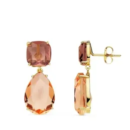 Pendientes oro 18k largos 24mm. piedra alejandrita kuncita cierre presión mujer