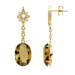 Pendientes oro 18k largos 37mm. piedra fumé estrella circonitas cierre presión mujer