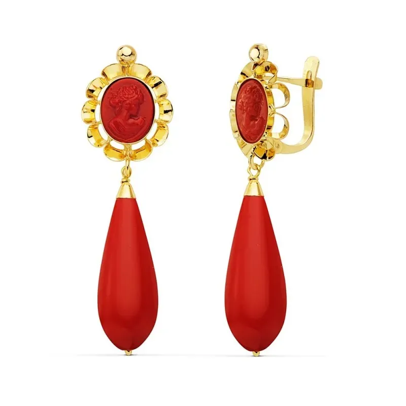 Pendientes oro 18k largos 47mm. camafeo coralina cierre catalán mujer
