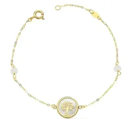Pulsera oro 18k forzada 18cm. Árbol Vida 12mm. nácar bolas jade 4mm. cierre reasa mujer