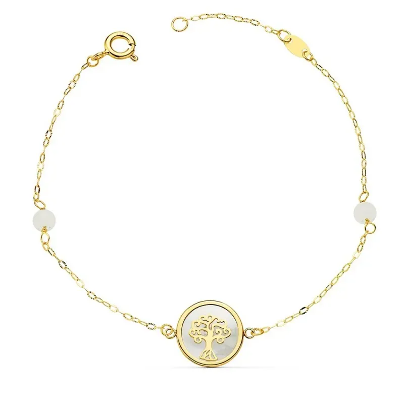 Pulsera oro 18k forzada 18cm. Árbol Vida 12mm. nácar bolas jade 4mm. cierre reasa mujer