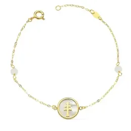 Pulsera oro 18k forzada 18cm. Cruz Caravaca 12mm. nácar bolas jade 4mm. cierre reasa mujer