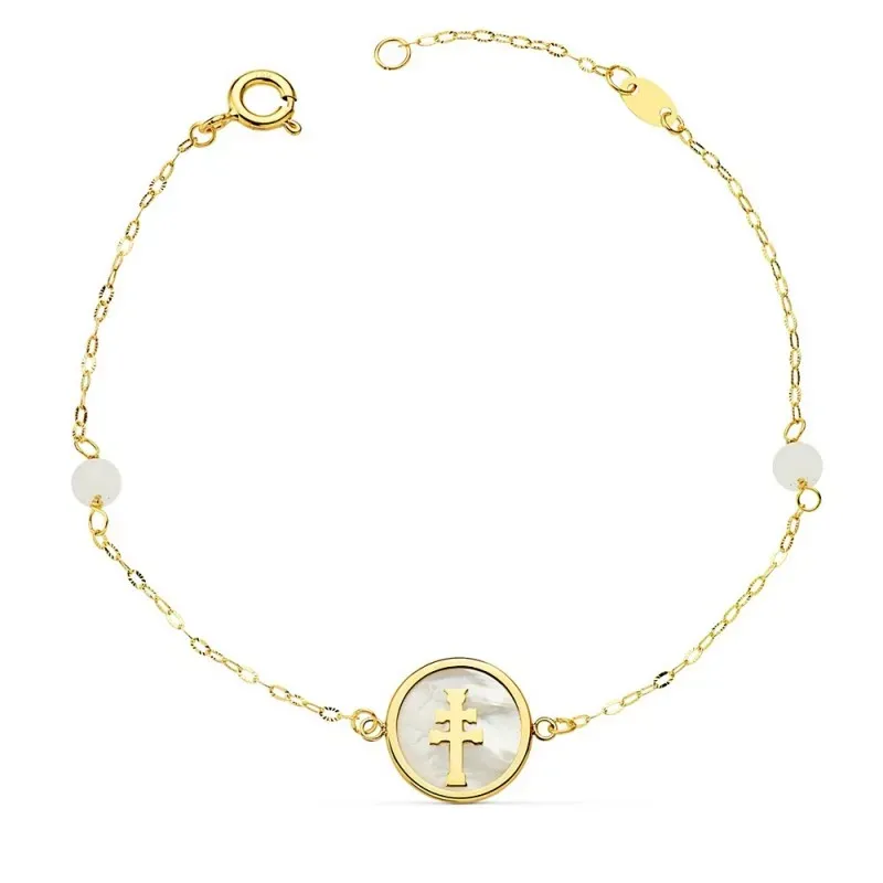 Pulsera oro 18k forzada 18cm. Cruz Caravaca 12mm. nácar bolas jade 4mm. cierre reasa mujer