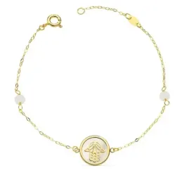 Pulsera oro 18k forzada 18cm. Mano Fátima 12mm. nácar bolas jade 4mm. cierre reasa mujer