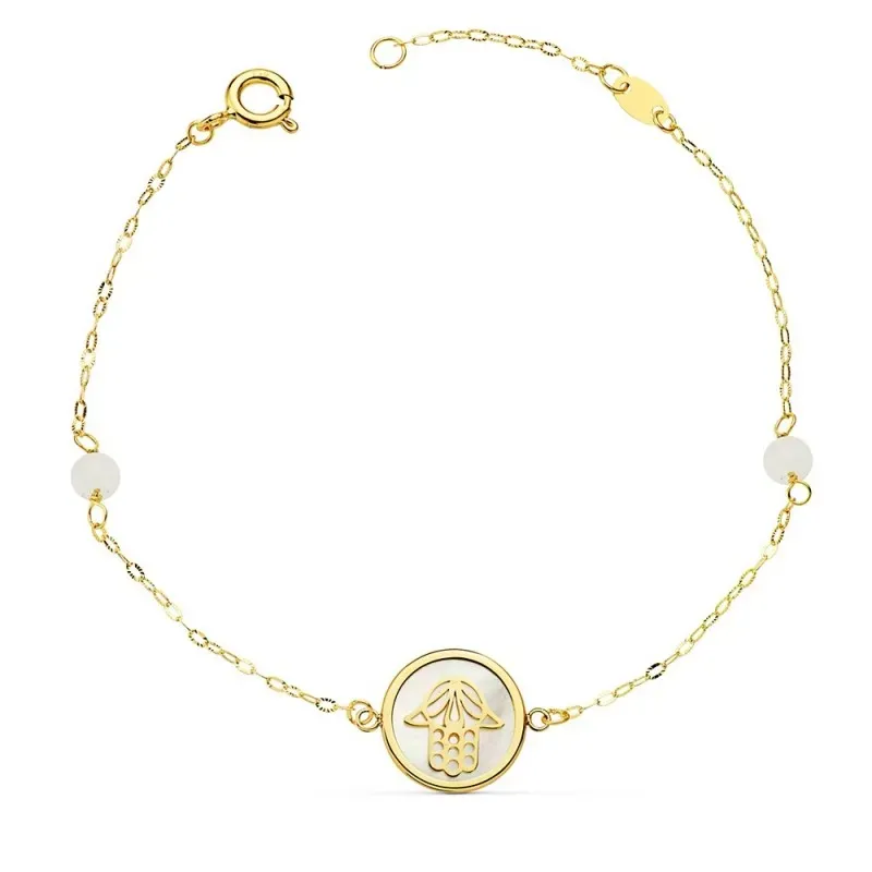 Pulsera oro 18k forzada 18cm. Mano Fátima 12mm. nácar bolas jade 4mm. cierre reasa mujer