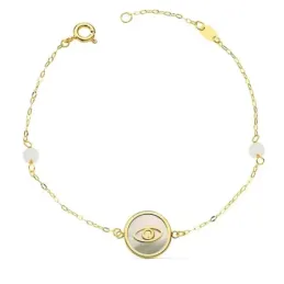Pulsera oro 18k forzada 18cm. ojo turco 12mm. nácar bolas jade 4mm. cierre reasa mujer